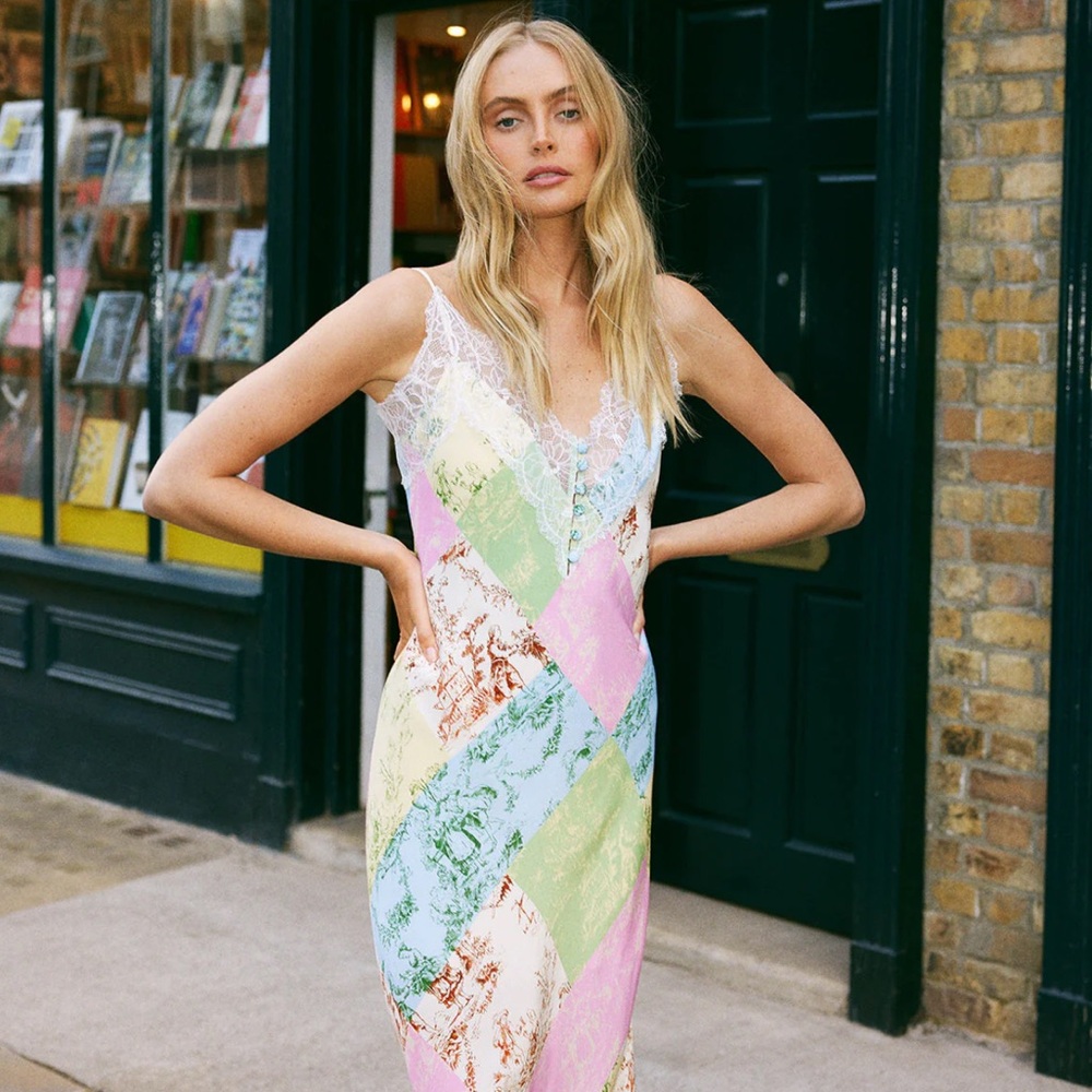 Kitri Daphne Patched Toile De Jouy Maxi Slip Dress.